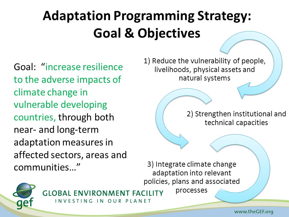 Adaptation Programming Strategy: Goal & Objectives Goal: increase resilience to the adverse impacts of climate change in vulnerable developing countries, through both near- and long-term adaptation measures in affected sectors, areas and communities… 1) Reduce the vulnerability of people, livelihoods, physical assets and natural systems 2) Strengthen institutional and technical capacities 3) Integrate climate change adaptation into relevant policies, plans and associated processes