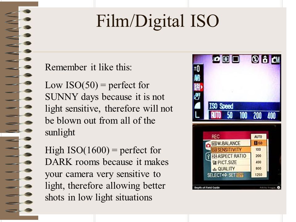 Film/Digital ISO Remember it like this: Low ISO(50) = perfect for SUNNY days because it is not light sensitive, therefore will not be blown out from all of the sunlight High ISO(1600) = perfect for DARK rooms because it makes your camera very sensitive to light, therefore allowing better shots in low light situations