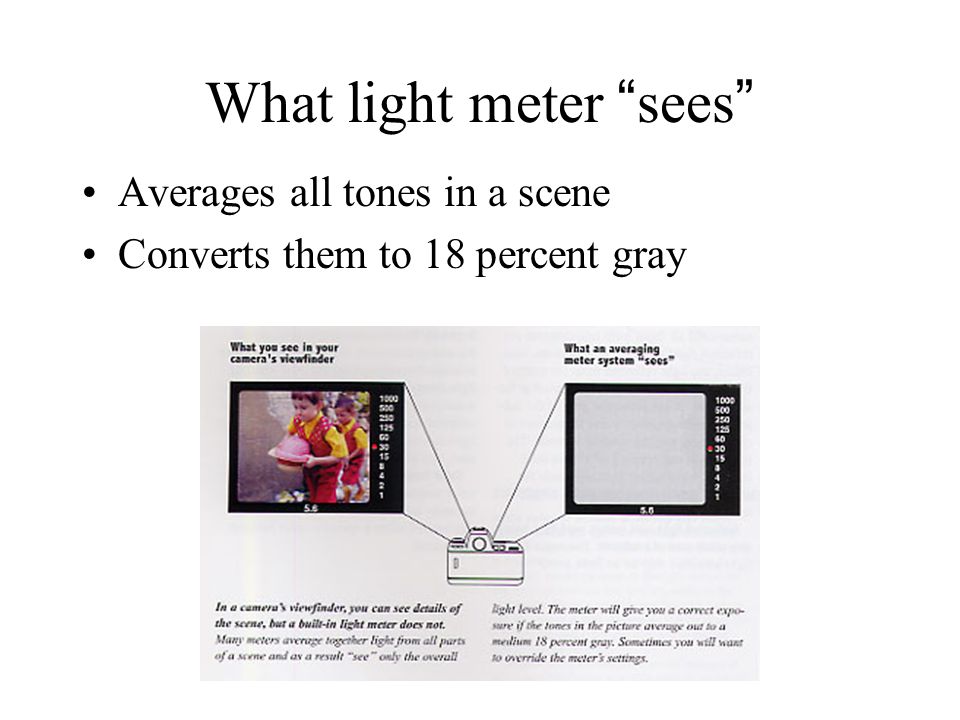 What light meter sees Averages all tones in a scene Converts them to 18 percent gray