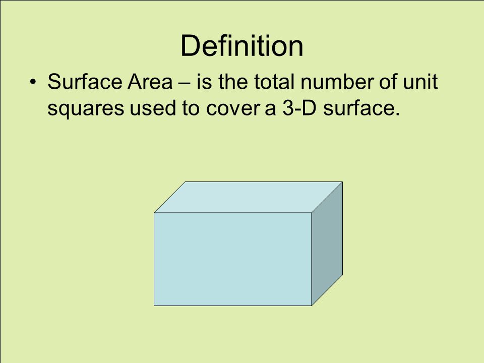 Definition Surface Area – is the total number of unit squares used to cover a 3-D surface.