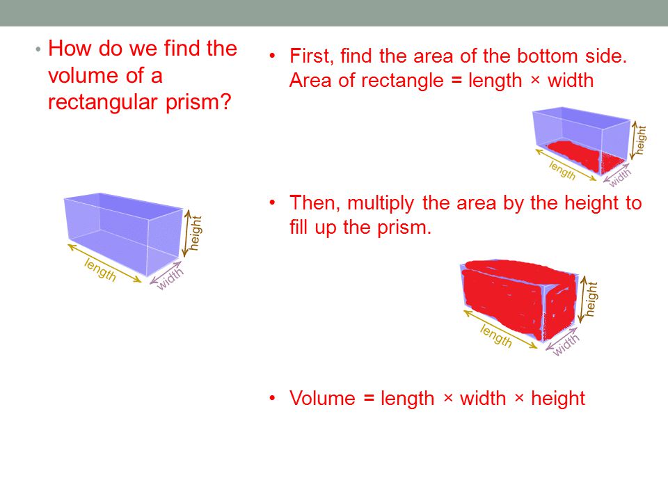 How do we find the volume of a rectangular prism. First, find the area of the bottom side.