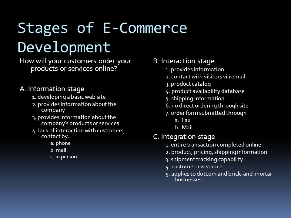 Stages of E-Commerce Development How will your customers order your products or services online.