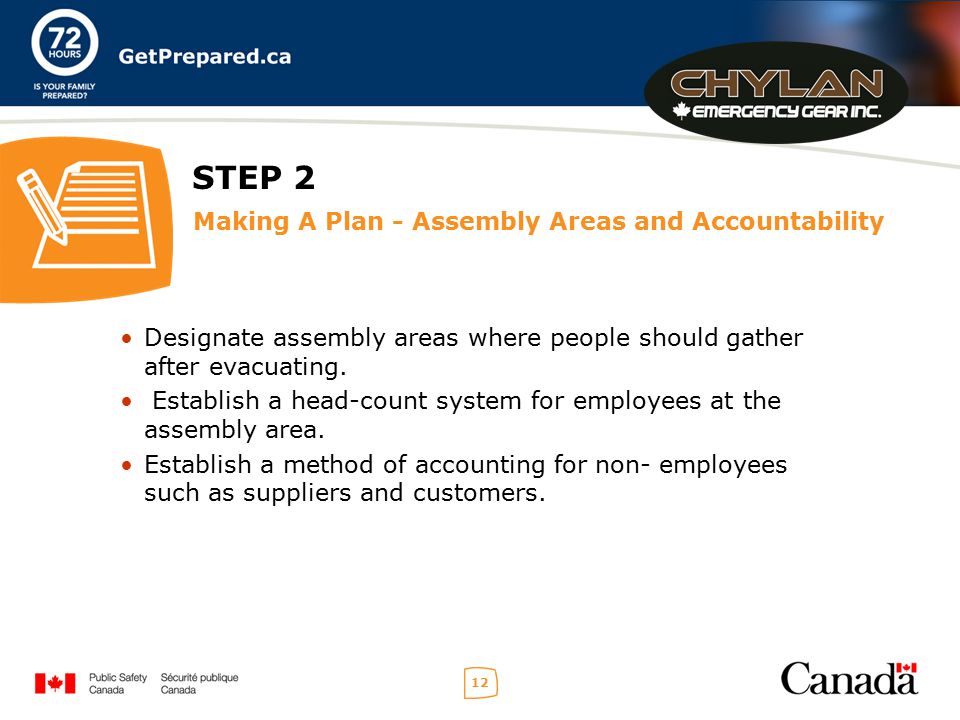12 STEP 2 Making A Plan - Assembly Areas and Accountability Designate assembly areas where people should gather after evacuating.