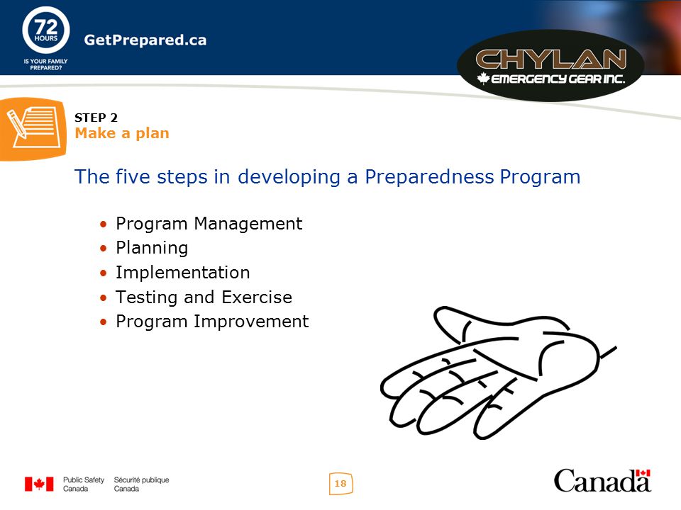 18 STEP 2 Make a plan The five steps in developing a Preparedness Program Program Management Planning Implementation Testing and Exercise Program Improvement