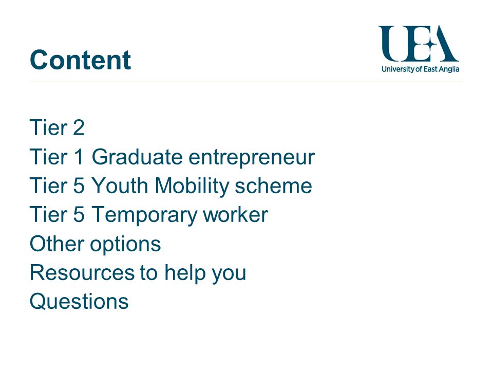 Content Tier 2 Tier 1 Graduate entrepreneur Tier 5 Youth Mobility scheme Tier 5 Temporary worker Other options Resources to help you Questions