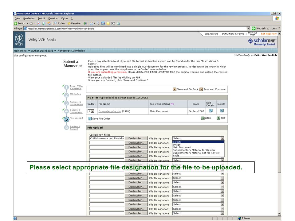 Submission Screen 5 – File Upload Please select appropriate file designation for the file to be uploaded.