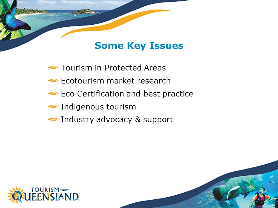 Some Key Issues Tourism in Protected Areas Ecotourism market research Eco Certification and best practice Indigenous tourism Industry advocacy & support