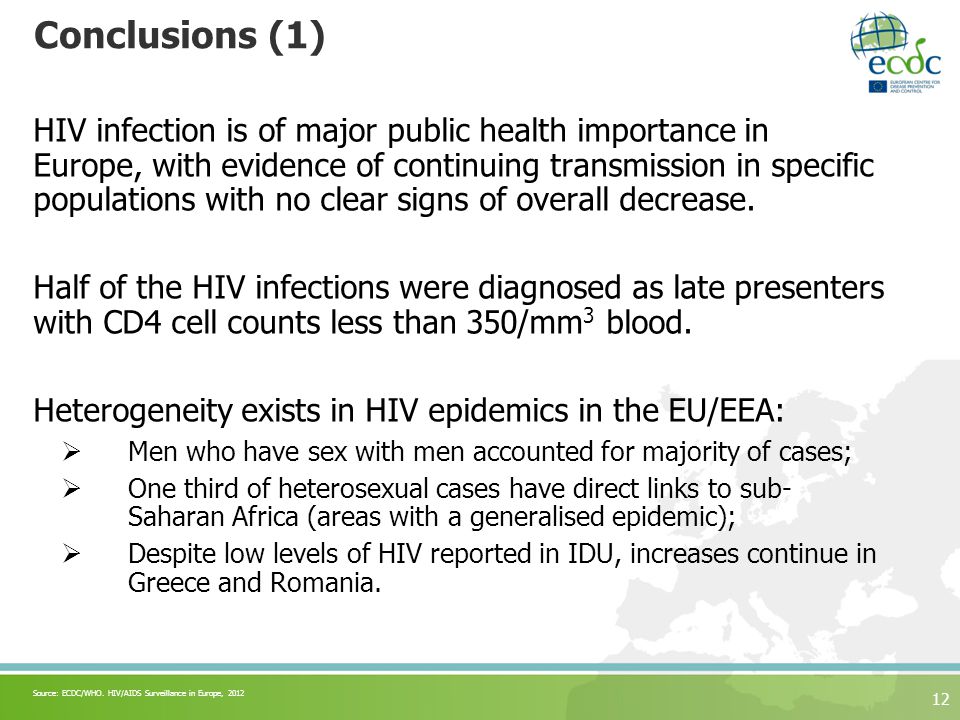 12 Conclusions (1) HIV infection is of major public health importance in Europe, with evidence of continuing transmission in specific populations with no clear signs of overall decrease.