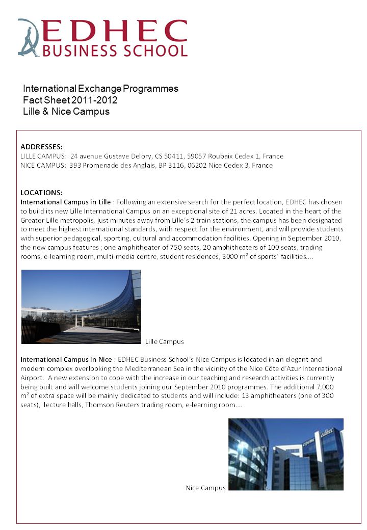 International Exchange Programmes Fact Sheet Lille & Nice Campus