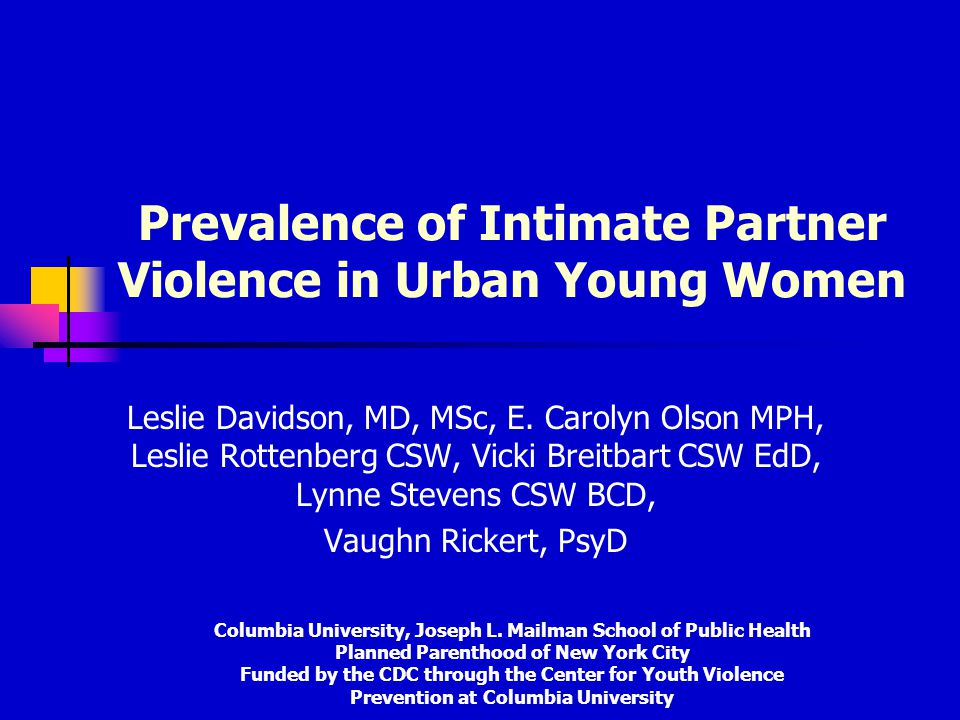 Prevalence of Intimate Partner Violence in Urban Young Women Leslie Davidson, MD, MSc, E.