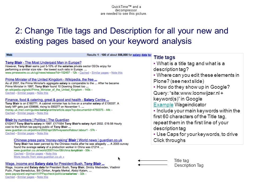 2: Change Title tags and Description for all your new and existing pages based on your keyword analysis Title tag Description Tag Title tags What is a title tag and what is a description tag.