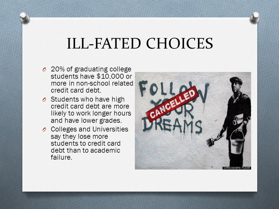 ILL-FATED CHOICES O 20% of graduating college students have $10,000 or more in non-school related credit card debt.