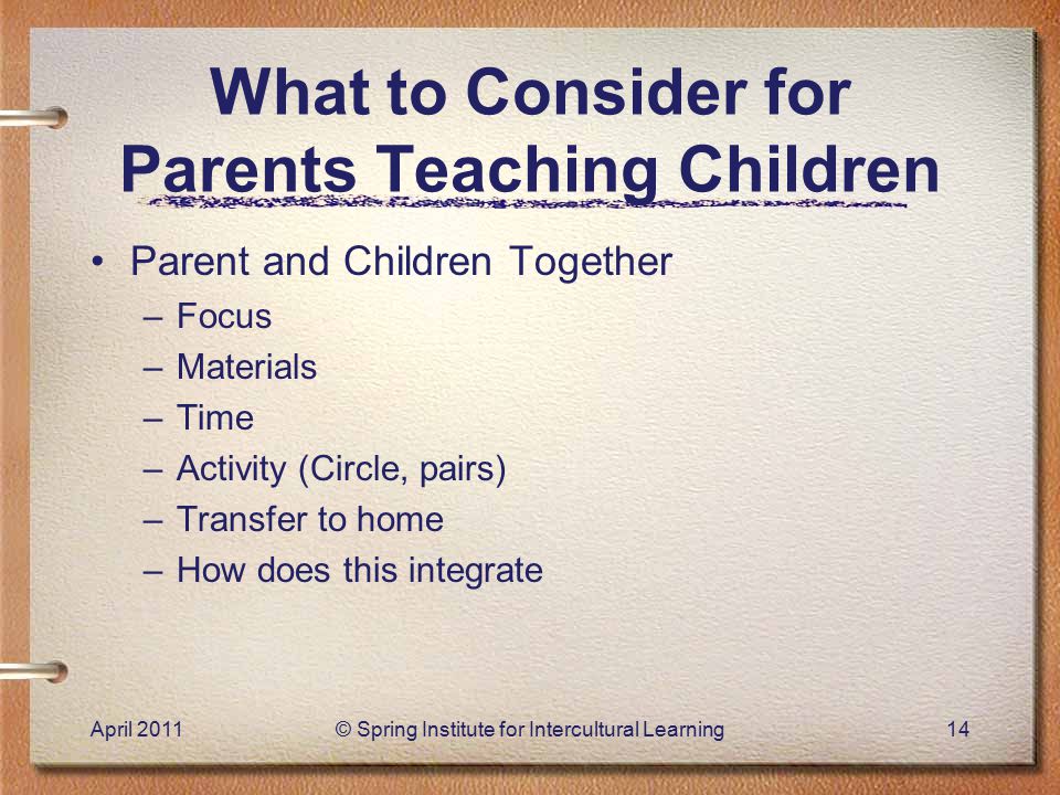 What to Consider for Parents Teaching Children Parent and Children Together –Focus –Materials –Time –Activity (Circle, pairs) –Transfer to home –How does this integrate April 2011© Spring Institute for Intercultural Learning14