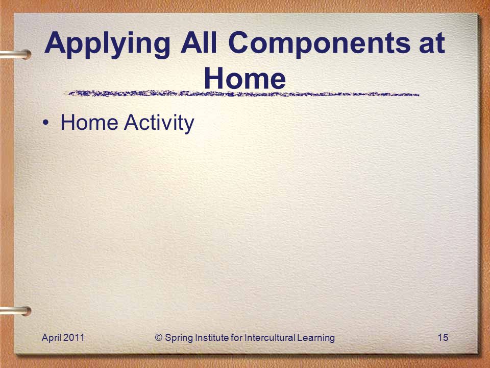 Applying All Components at Home Home Activity April 2011© Spring Institute for Intercultural Learning15