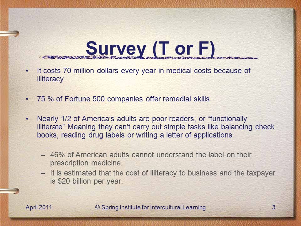 Survey (T or F) It costs 70 million dollars every year in medical costs because of illiteracy 75 % of Fortune 500 companies offer remedial skills Nearly 1/2 of America’s adults are poor readers, or functionally illiterate Meaning they can’t carry out simple tasks like balancing check books, reading drug labels or writing a letter of applications –46% of American adults cannot understand the label on their prescription medicine.