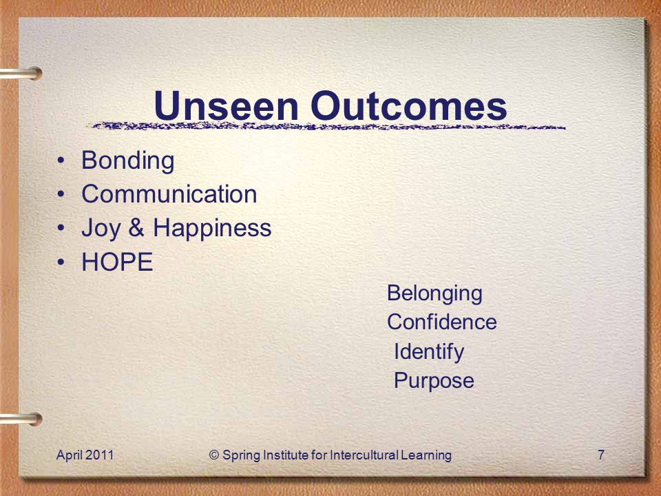 Unseen Outcomes Bonding Communication Joy & Happiness HOPE Belonging Confidence Identify Purpose April 2011© Spring Institute for Intercultural Learning7
