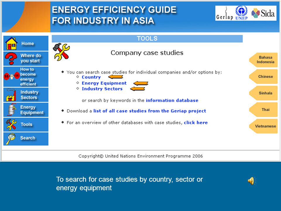 To search for case studies by country, sector or energy equipment