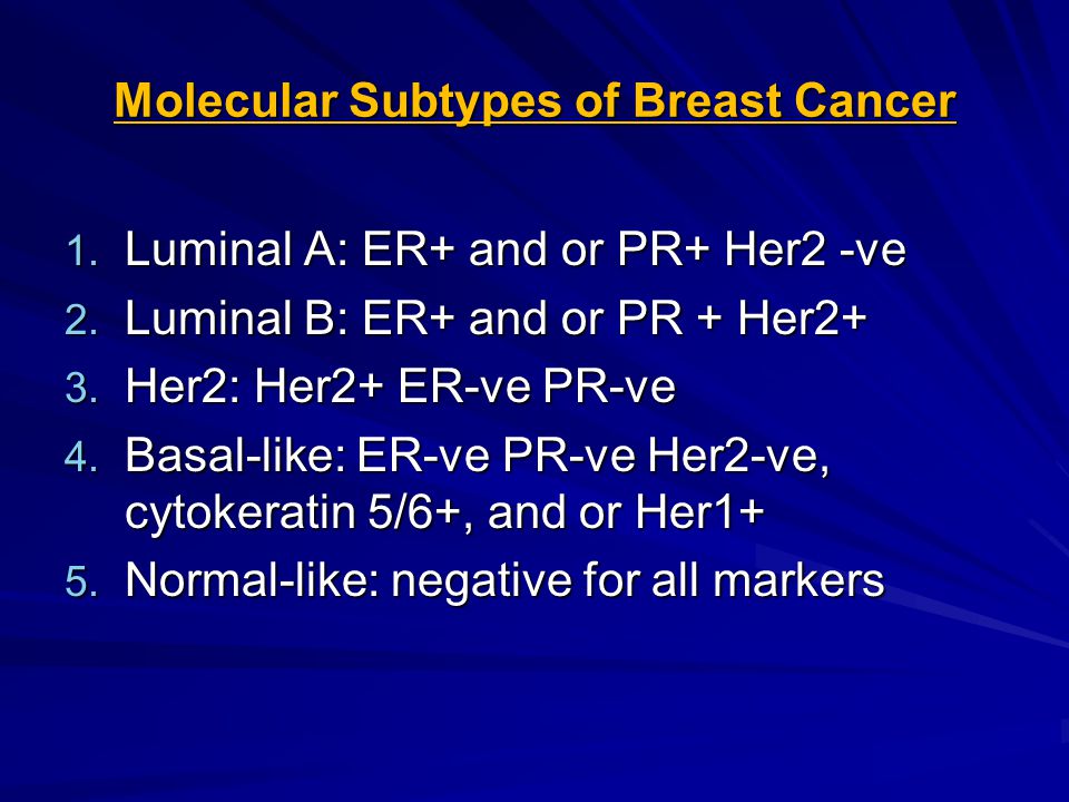 Molecular Subtypes of Breast Cancer 1. Luminal A: ER+ and or PR+ Her2 -ve 2.