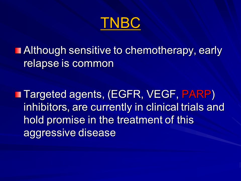 TNBC Although sensitive to chemotherapy, early relapse is common Targeted agents, (EGFR, VEGF, PARP) inhibitors, are currently in clinical trials and hold promise in the treatment of this aggressive disease