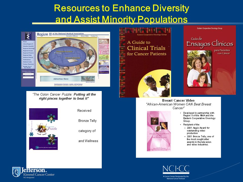 Resources to Enhance Diversity and Assist Minority Populations The Colon Cancer Puzzle: Putting all the right pieces together to beat it Received 2004 Bronze Telly in the category of Health and Wellness