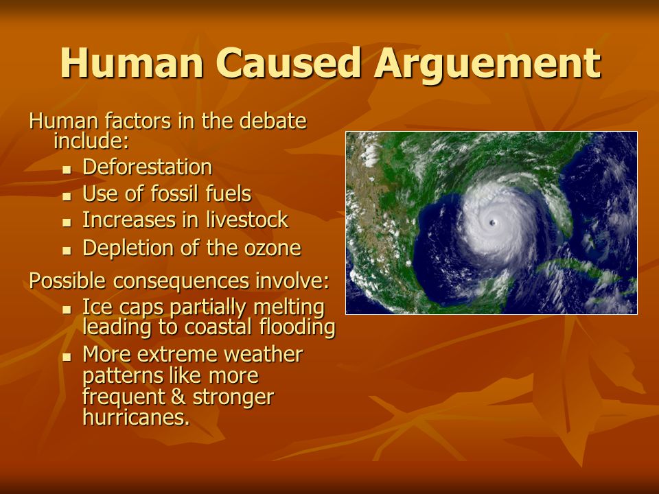 Human Caused Arguement Human factors in the debate include: Deforestation Deforestation Use of fossil fuels Use of fossil fuels Increases in livestock Increases in livestock Depletion of the ozone Depletion of the ozone Possible consequences involve: Ice caps partially melting leading to coastal flooding Ice caps partially melting leading to coastal flooding More extreme weather patterns like more frequent & stronger hurricanes.