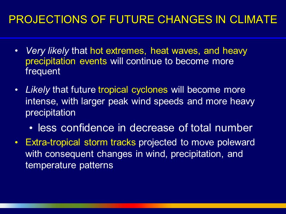Very likely that hot extremes, heat waves, and heavy precipitation events will continue to become more frequent Likely that future tropical cyclones will become more intense, with larger peak wind speeds and more heavy precipitation less confidence in decrease of total number Extra-tropical storm tracks projected to move poleward with consequent changes in wind, precipitation, and temperature patterns PROJECTIONS OF FUTURE CHANGES IN CLIMATE