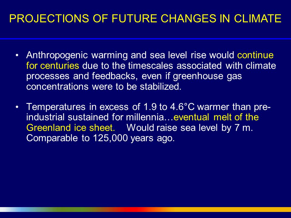 Anthropogenic warming and sea level rise would continue for centuries due to the timescales associated with climate processes and feedbacks, even if greenhouse gas concentrations were to be stabilized.