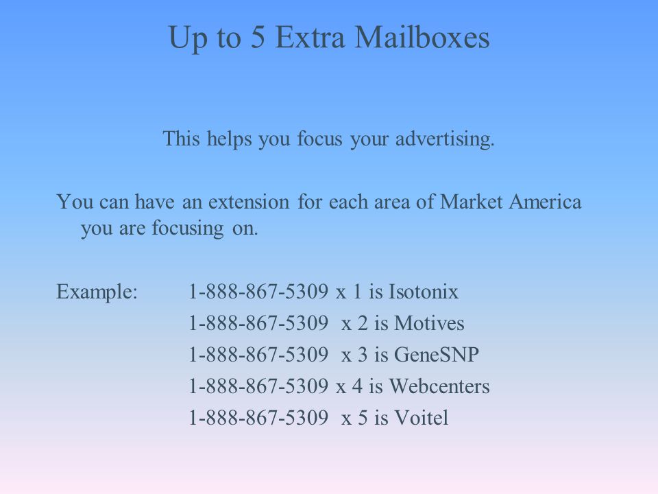Up to 5 Extra Mailboxes This helps you focus your advertising.