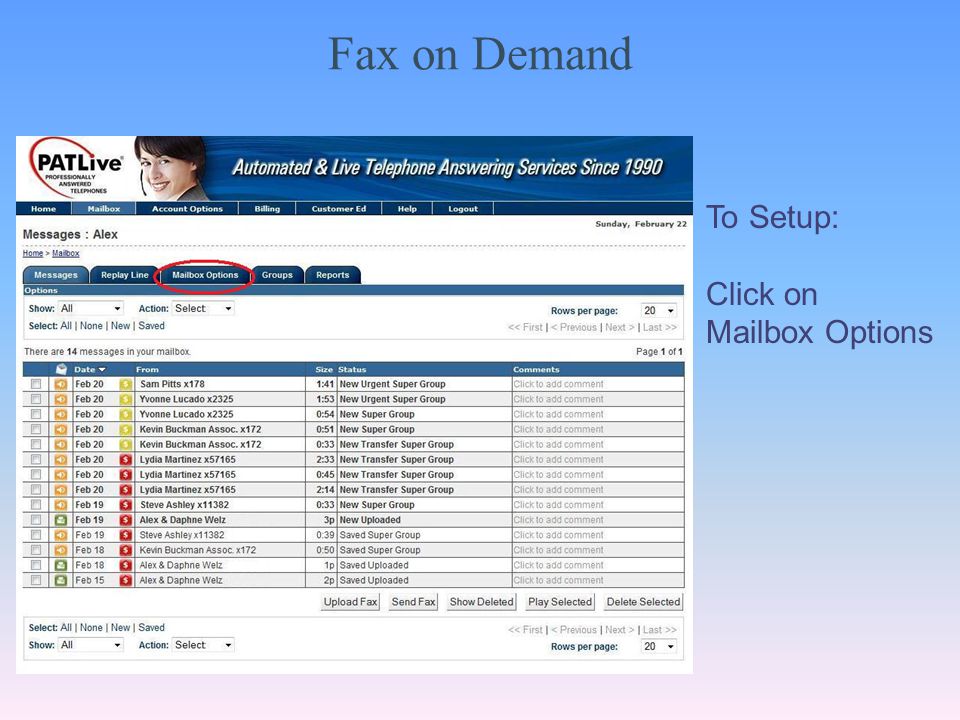 Fax on Demand To Setup: Click on Mailbox Options