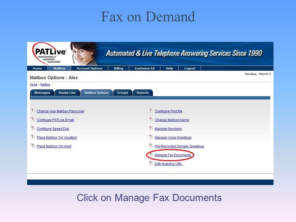 Fax on Demand Click on Manage Fax Documents