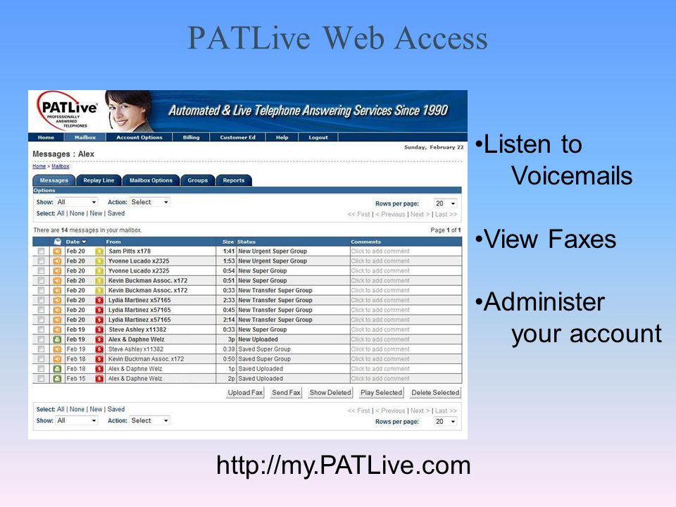 PATLive Web Access   Listen to Voic s View Faxes Administer your account