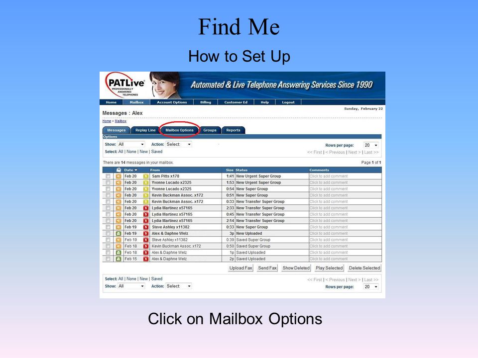 Find Me Click on Mailbox Options How to Set Up