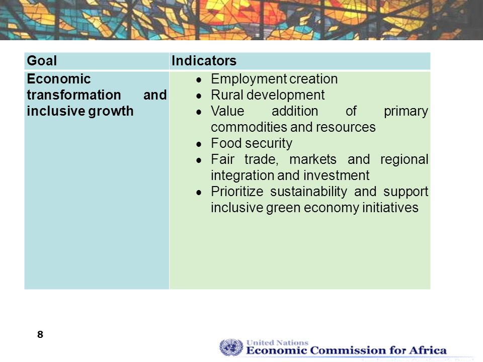 8 GoalIndicators Economic transformation and inclusive growth  Employment creation  Rural development  Value addition of primary commodities and resources  Food security  Fair trade, markets and regional integration and investment  Prioritize sustainability and support inclusive green economy initiatives