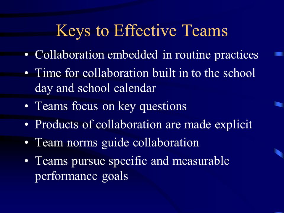 Keys to Effective Teams Collaboration embedded in routine practices Time for collaboration built in to the school day and school calendar Teams focus on key questions Products of collaboration are made explicit Team norms guide collaboration Teams pursue specific and measurable performance goals