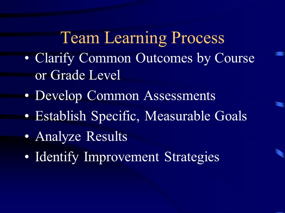 Team Learning Process Clarify Common Outcomes by Course or Grade Level Develop Common Assessments Establish Specific, Measurable Goals Analyze Results Identify Improvement Strategies