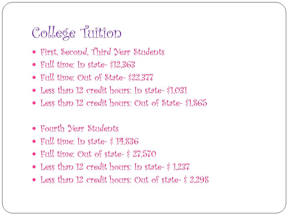 College Tuition First, Second, Third Year Students Full time: In state- $12,363 Full time: Out of State- $22,377 Less than 12 credit hours: In state- $1,031 Less than 12 credit hours: Out of State- $1,865 Fourth Year Students Full time: In state- $ 14,836 Full time: Out of state- $ 27,570 Less than 12 credit hours: In state- $ 1,237 Less than 12 credit hours: Out of state- $ 2,298