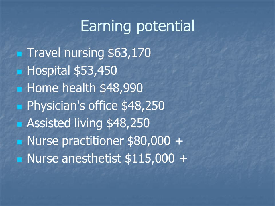Earning potential Travel nursing $63,170 Hospital $53,450 Home health $48,990 Physician s office $48,250 Assisted living $48,250 Nurse practitioner $80,000 + Nurse anesthetist $115,000 +