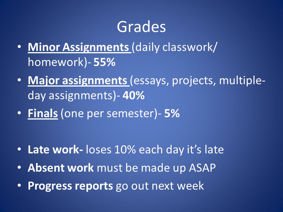Grades Minor Assignments (daily classwork/ homework)- 55% Major assignments (essays, projects, multiple- day assignments)- 40% Finals (one per semester)- 5% Late work- loses 10% each day it’s late Absent work must be made up ASAP Progress reports go out next week