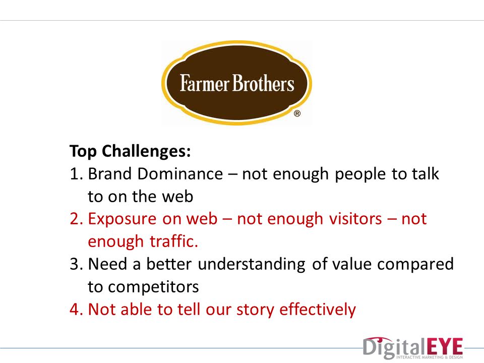 Top Challenges: 1.Brand Dominance – not enough people to talk to on the web 2.Exposure on web – not enough visitors – not enough traffic.