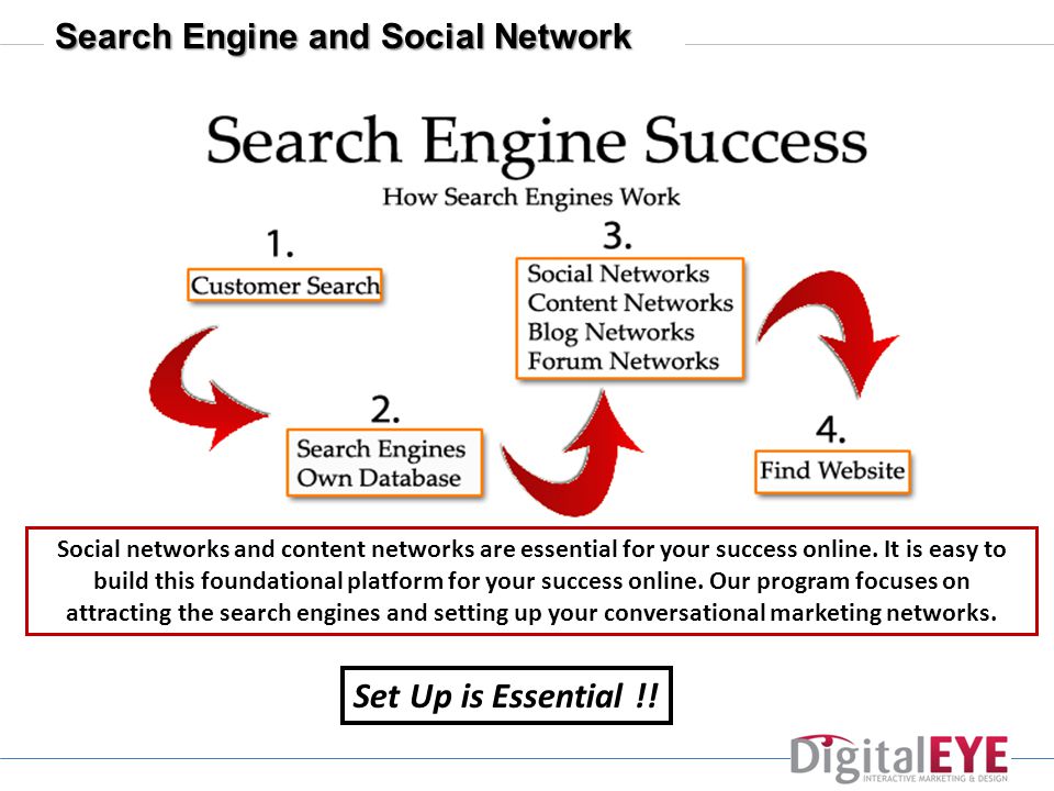 Search Engine and Social Network Social networks and content networks are essential for your success online.