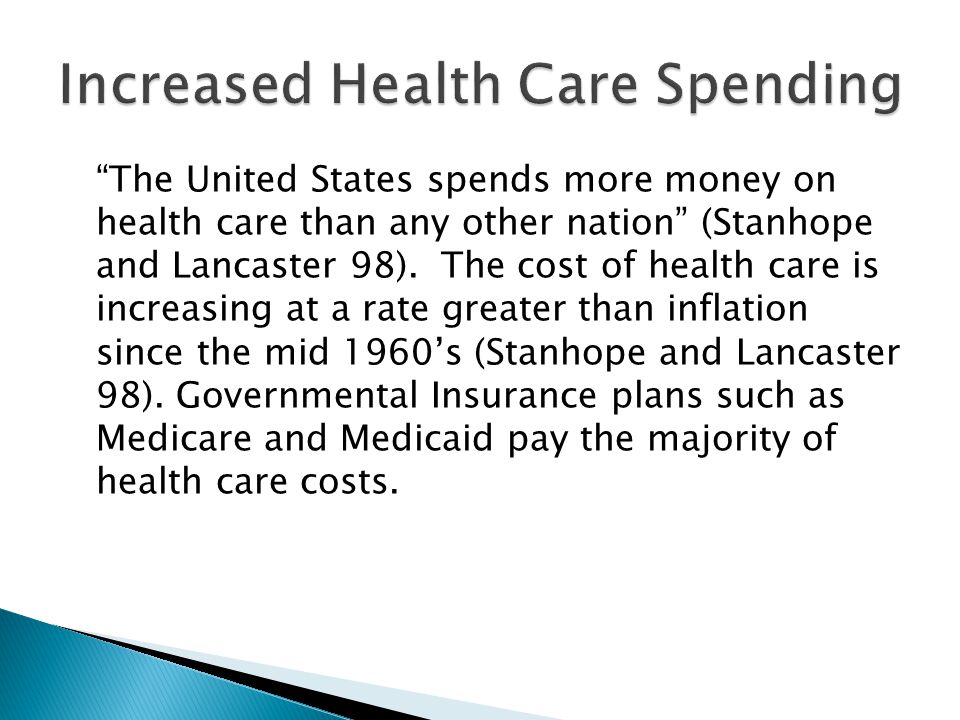 The United States spends more money on health care than any other nation (Stanhope and Lancaster 98).