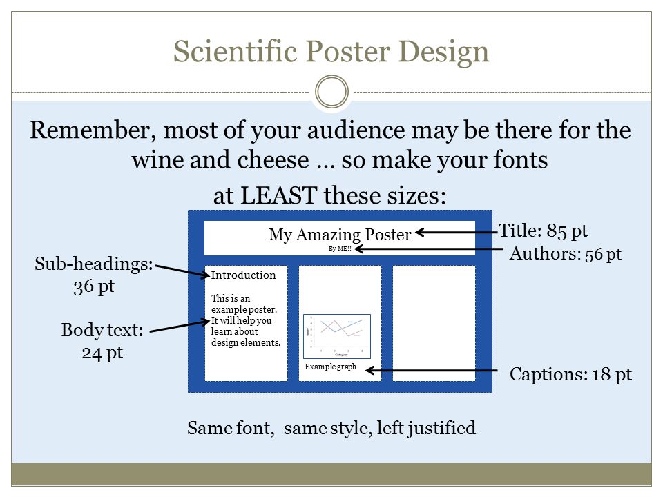 Scientific Poster Design Remember, most of your audience may be there for the wine and cheese … so make your fonts at LEAST these sizes: My Amazing Poster By ME!.