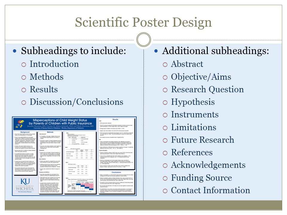 Scientific Poster Design Subheadings to include:  Introduction  Methods  Results  Discussion/Conclusions Additional subheadings:  Abstract  Objective/Aims  Research Question  Hypothesis  Instruments  Limitations  Future Research  References  Acknowledgements  Funding Source  Contact Information