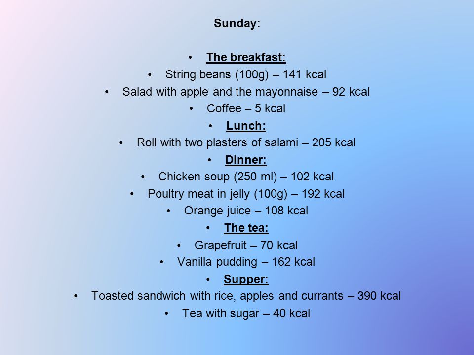 Sunday: The breakfast: String beans (100g) – 141 kcal Salad with apple and the mayonnaise – 92 kcal Coffee – 5 kcal Lunch: Roll with two plasters of salami – 205 kcal Dinner: Chicken soup (250 ml) – 102 kcal Poultry meat in jelly (100g) – 192 kcal Orange juice – 108 kcal The tea: Grapefruit – 70 kcal Vanilla pudding – 162 kcal Supper: Toasted sandwich with rice, apples and currants – 390 kcal Tea with sugar – 40 kcal