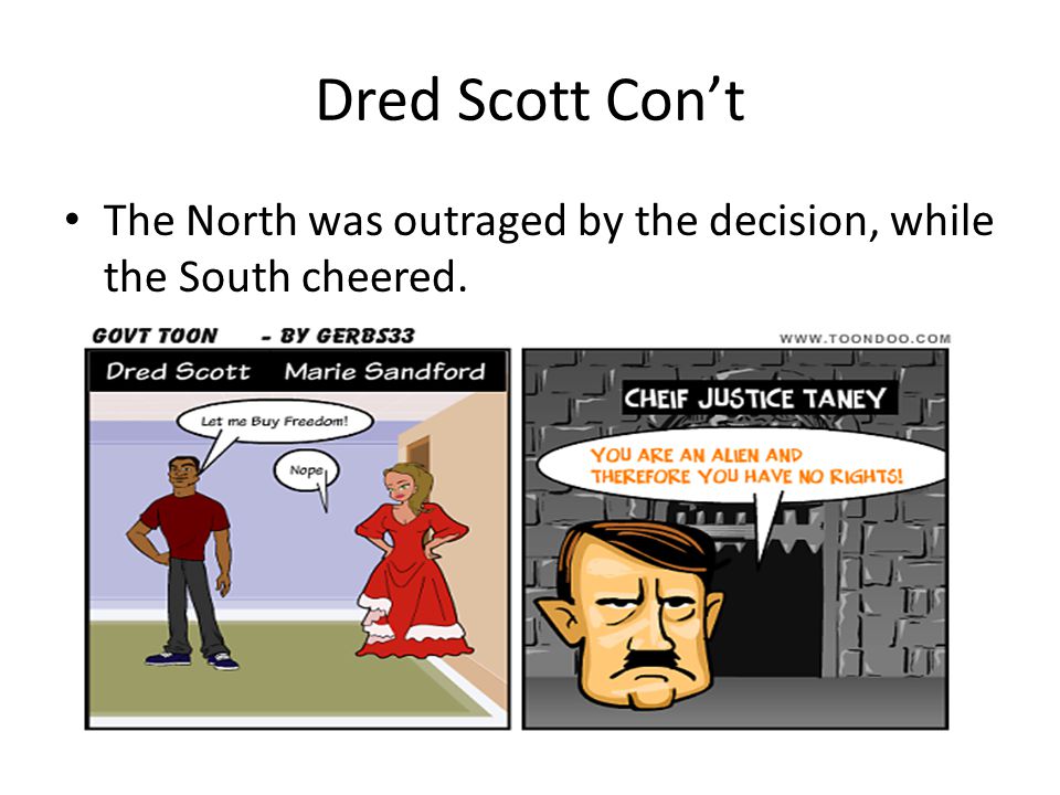 Dred Scott Con’t The North was outraged by the decision, while the South cheered.