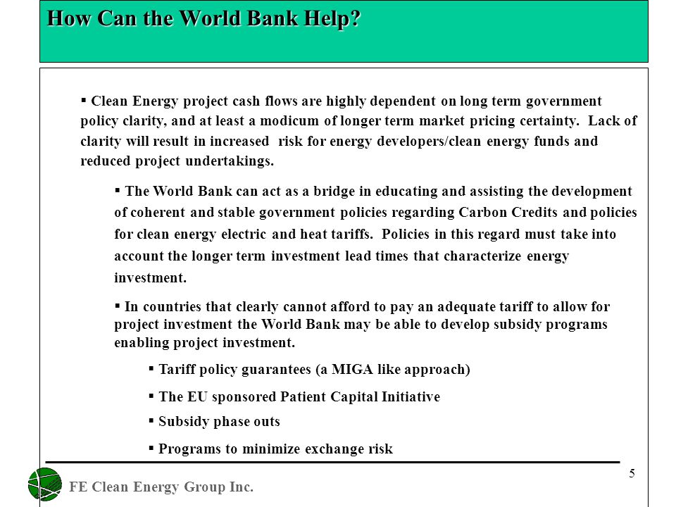 FE Clean Energy Group Inc. 5 How Can the World Bank Help.