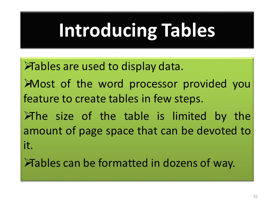  Tables are used to display data.