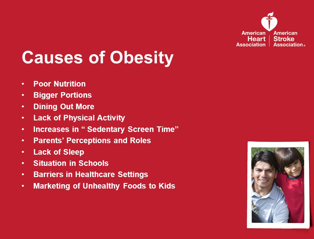 Causes of Obesity Poor Nutrition Bigger Portions Dining Out More Lack of Physical Activity Increases in Sedentary Screen Time Parents’ Perceptions and Roles Lack of Sleep Situation in Schools Barriers in Healthcare Settings Marketing of Unhealthy Foods to Kids