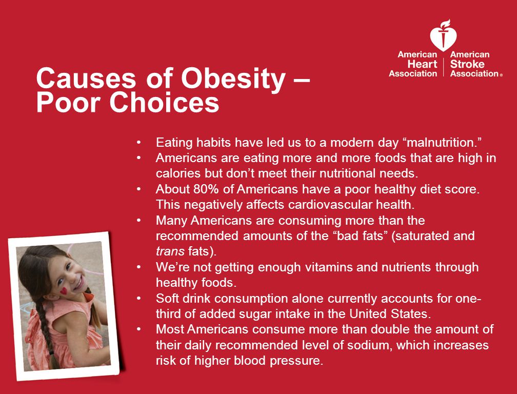 Causes of Obesity – Poor Choices Eating habits have led us to a modern day malnutrition. Americans are eating more and more foods that are high in calories but don’t meet their nutritional needs.