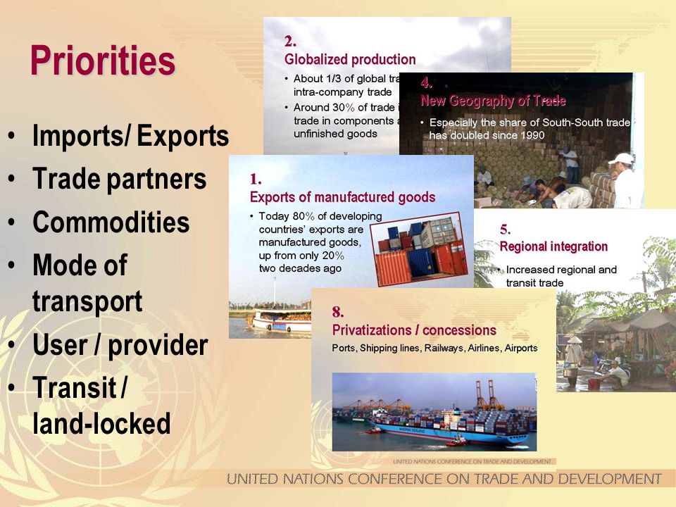 Priorities Imports/ Exports Trade partners Commodities Mode of transport User / provider Transit / land-locked